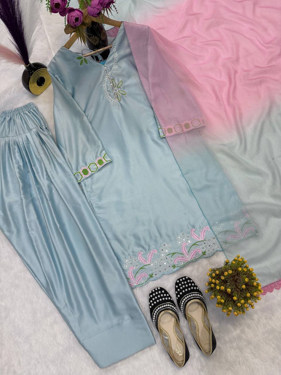 Pastel Blue Scalloped Hem Ensemble
